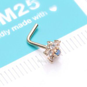 14 Karat Gold Fire Opal Multi-Gem Sparkle Flower Top L-Shaped Nose Ring